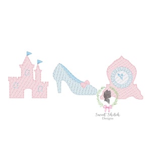 May include: A pink castle, a blue glass slipper, and a pink clock with a blue face. The image is a digital embroidery design.