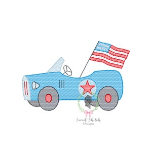 May include: A blue toy car with a red star on the side and an American flag attached to the top. The car has a white steering wheel and black tires.