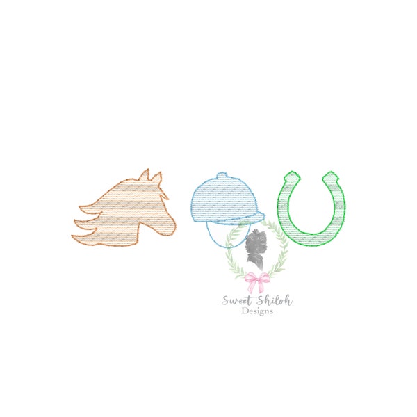 Silhouette Derby Horse Sketch Trio Design, Derby Jockey Horse Embroidery File, Sketch Horse Shoe Embroidery Trio, Race Horse Machine Design