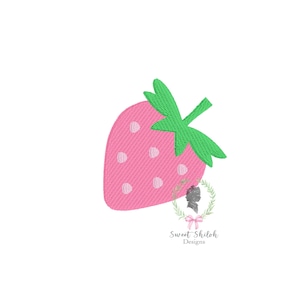 May include: A pink strawberry with green leaves and white seeds. The strawberry is a simple, cartoon-like design.
