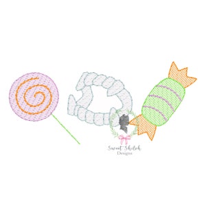 May include: An embroidery design featuring a lollipop, a candy, and a set of fangs. The lollipop is pink with an orange swirl, the candy is green with orange stripes, and the fangs are white.