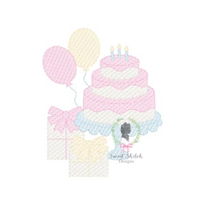 Birthday Cake Celebration Sketch Embroidery Design, 3 Layer Birthday Cake Sketch Stitch, Birthday Presents Embroidery Design, Party Balloons