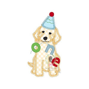 May include: A yellow dog wearing a blue and white party hat holds a green and blue 'one' banner. The dog is sitting on a white and yellow gingham background.