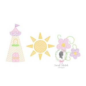 May include: Embroidered design featuring a pink and white castle, a yellow sun, and pink flowers with green leaves. The design is perfect for a nursery or children's room.