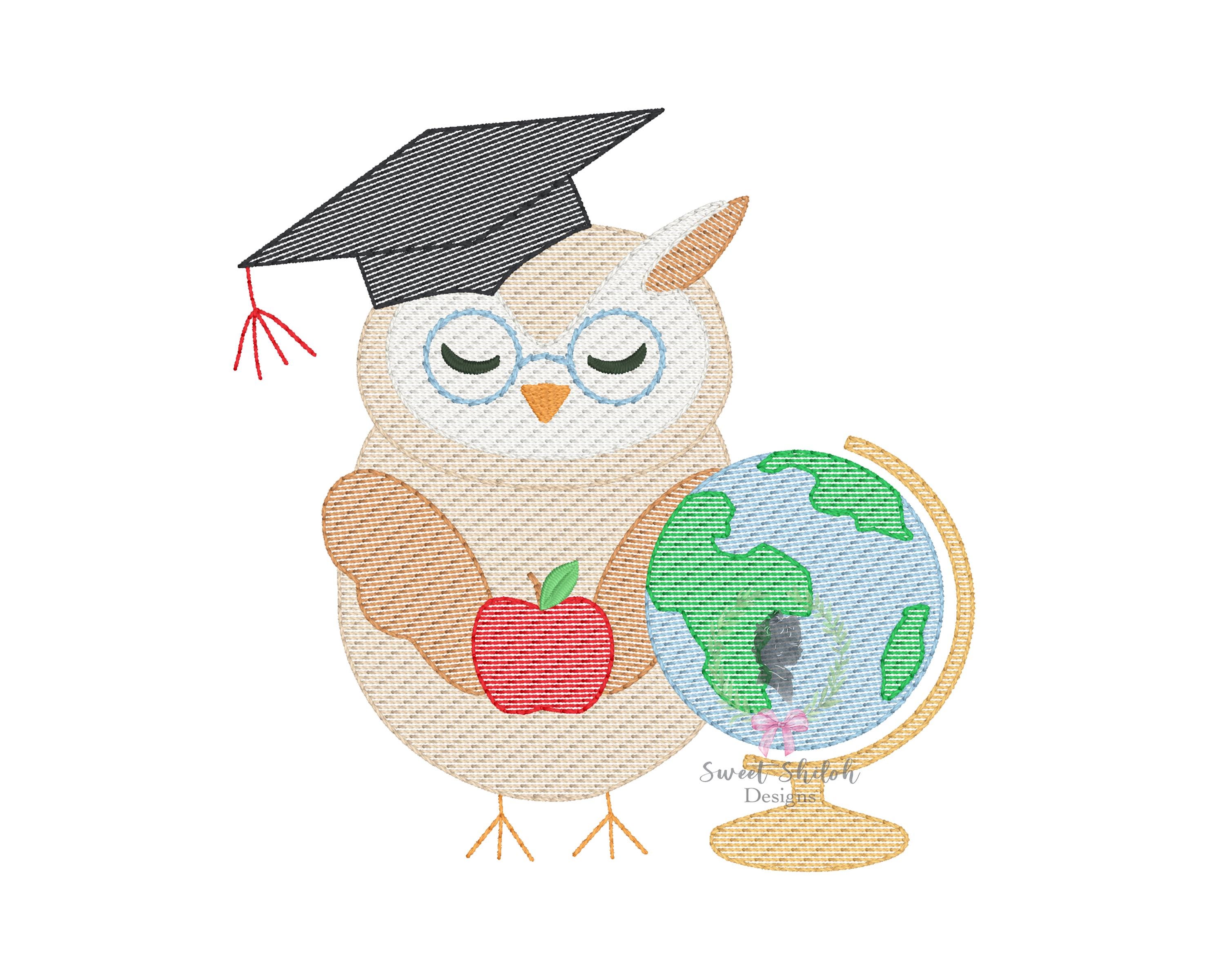 Graduation Owl Sketch Embroidery Design, Owl with Globe Embroidery File, Back to School Owl Sketch S