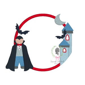 May include: A red circle frame with a vampire, a bat, a crescent moon, and a blue castle. The frame is perfect for adding a name or other text.