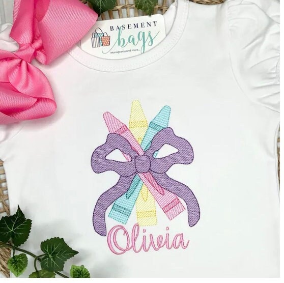 Trio de giz de cera com desenho de arco, desenho de giz de cera com desenho de fita, desenho de bordado para colorir de volta às aulas, bordado à máquina pré-escolar