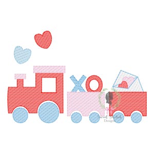 Diseño de boceto de tren de San Valentín, archivo de bordado de tren con corazones, diseño de máquina de tren con letras de amor, diseño de bordado de tren Choo Choo