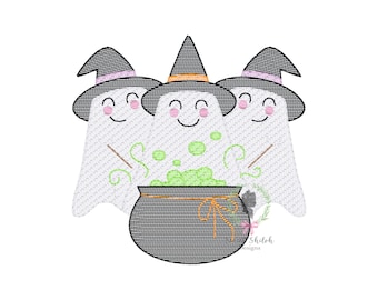 Halloween Witch Ghost Trio Embroidery Design, Witch Ghost Cauldron Sketch Stitch Design, Trick or Treat Ghost Trio Digital Machine File