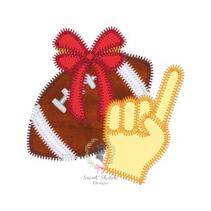 May include: A brown and white football with a red bow on top and a yellow hand with the index finger pointing up.