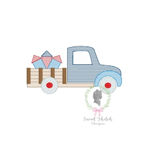 May include: A blue toy truck with a wooden bed carrying red, white, and blue blocks. The truck has red wheels with white spokes.