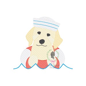 May include: A yellow Labrador Retriever wearing a blue and white sailor hat is floating in a red and white life preserver in blue water.