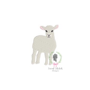 May include: White lamb with pink ears and black eyes standing on a white background with a floral wreath and the text "Sweet Shiloh Designs" below.