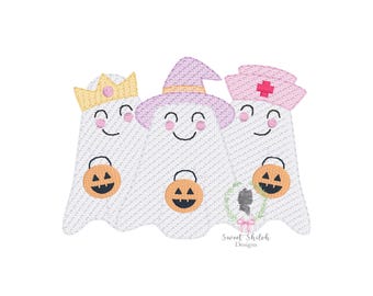 Halloween Costume Ghost Trio Embroidery Design, Halloween Ghost Sketch Stitch Design, Trick or Treat Ghost Trio Digital Machine File