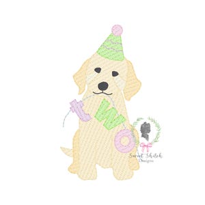 May include: A yellow dog wearing a green and white party hat holds a pink and green banner that says "TWO".