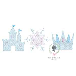 May include: A blue castle, a snowflake with a pink star in the center, and a blue crown with a pink gem. These are embroidered images.