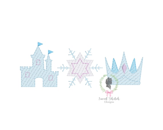 Sketch Ice Queen Trio Embroidery Design, Princess Tiara Sketch Machine Embroidery File, Magic Castle Embroidery File, Snowflake Trio Design