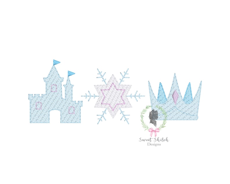 May include: A blue castle, a snowflake with a pink star in the center, and a blue crown with a pink gem. These are embroidered images.