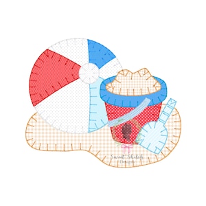May include: A red, white, and blue beach ball, a red bucket with a blue rim, and a blue shovel on a tan and white checkered background. The text "Sweet Shiloh Designs" is at the bottom of the image.