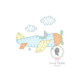 Flying Airplane Blanket Applique Design, Plane Embroidery File, Blanket Stitch Machine Design, Airplane in the Clouds Applique Embroidery