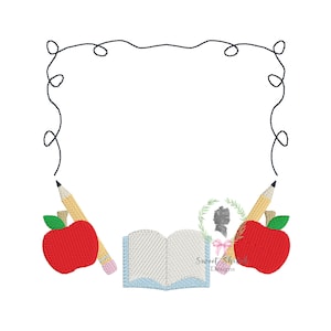 May include: An embroidered design featuring a red apple with a green leaf, a yellow pencil, and an open book. A black line border surrounds the school-themed elements. The design includes the text "Sweet Shop Designs".