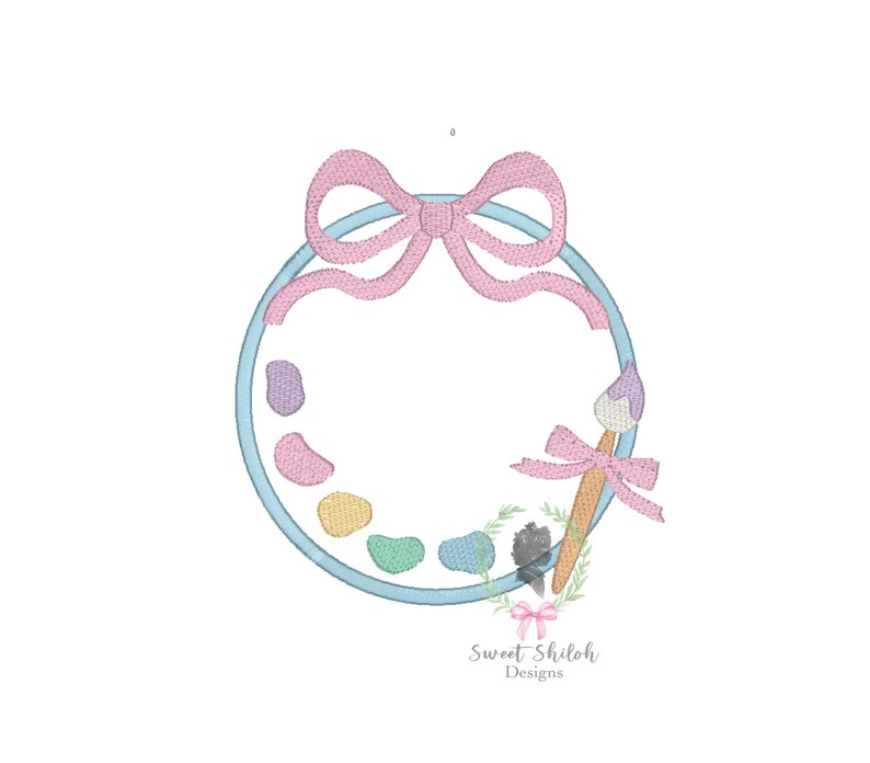 May include: A blue and white paint palette with a pink bow and a paintbrush with a pink bow. The palette has six paint wells with different colors of paint.