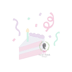 May include: A pink and white cake slice with a purple frosting swirl and a lit candle. Confetti and streamers are scattered around the cake. The text "Sweet Shiloh Designs" is at the bottom of the image.