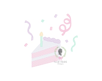 Plakje verjaardagstaart borduurontwerp, schetssteekbestand verjaardagstaart, confettitaart machineontwerp eerste verjaardag, schets confetti