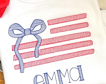 American Flag Bow Sketch Design, Sketch Stitch Patriotic Flag Design, 4th of July Ribbon Sketch Machine Embroidery, USA Independence Day
