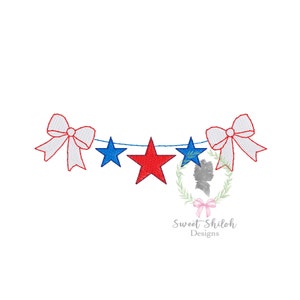 May include: Red, white, and blue star and bow bunting. The bunting is strung with red, white, and blue stars and bows. The bunting is perfect for a patriotic celebration.