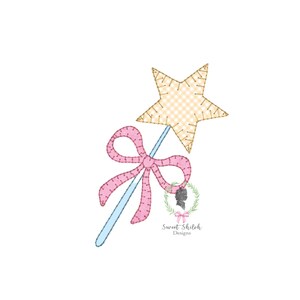May include: A blue and white wand with a pink bow and a yellow star on top. The wand is decorated with stitching and has a gingham pattern on the star. The text "Sweet Shiloh Designs" is at the bottom of the image.