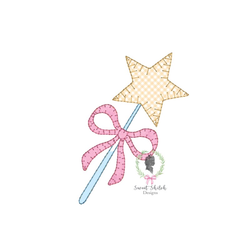 May include: A blue and white wand with a pink bow and a yellow star on top. The wand is decorated with stitching and has a gingham pattern on the star. The text "Sweet Shiloh Designs" is at the bottom of the image.