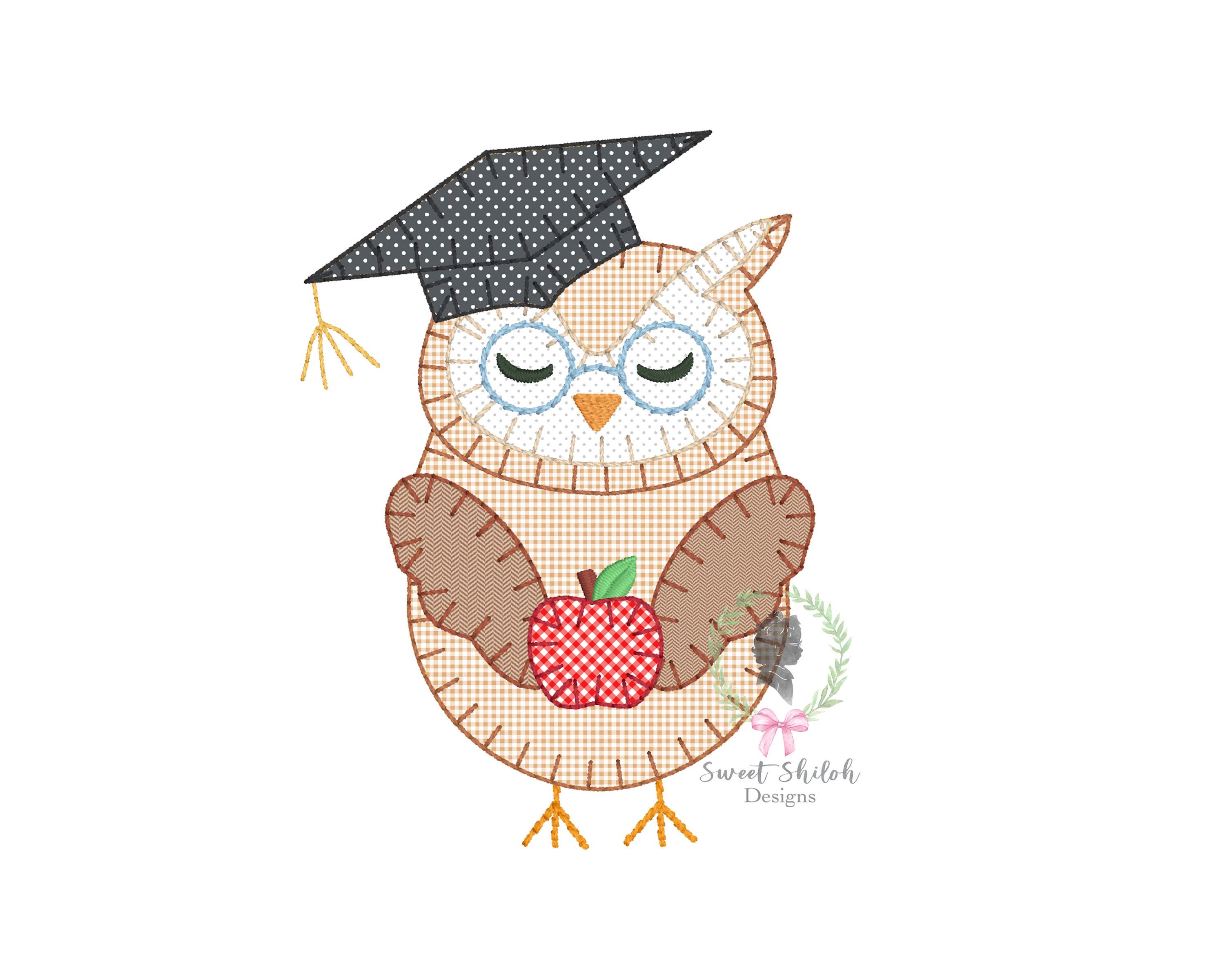 Graduation Owl Applique Embroidery Design, Owl with Apple Embroidery File, Back to School Owl Blanke