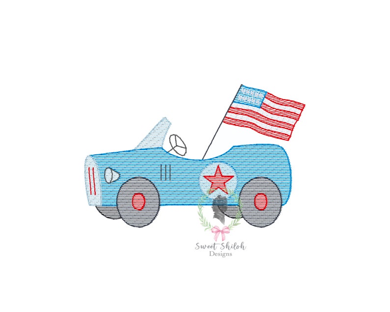 May include: A blue toy car with a red star on the side and an American flag attached to the top. The car has a white steering wheel and black tires.