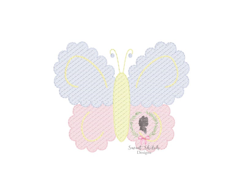 May include: A pastel pink, yellow, and blue butterfly embroidery design with scalloped edges. The butterfly has a wreath around its center with a silhouette of a person inside.