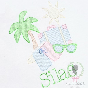May include: An embroidered design featuring a green palm tree, a yellow sun, a blue suitcase, a pink beach bag, and green sunglasses. The name "Sila" is written in green script. The design is on a white background.