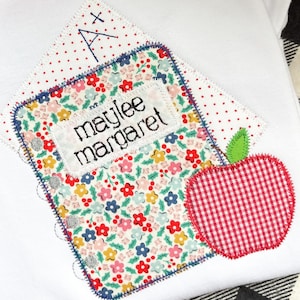 A + Hausaufgaben Zick-Zack Design, Stickdatei für das Schulanfang Notebook, Schulbuch mit Apfel Applikation, Stickdatei für den ersten Schultag