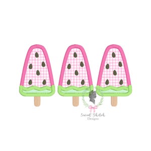 May include: Three watermelon-shaped popsicles with pink gingham centers, dark brown seeds, and green and pink borders. The popsicles are on tan sticks, with a white background. The image has the text "Sweet Shiloh Designs".