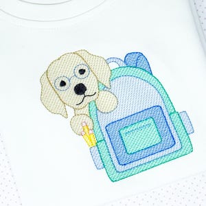 Puppy with Backpack Sketch Embroidery Design, Back to School Puppy Dog Embroidery File, Dog with Glasses Sketch Stitch File, Preschool Pup