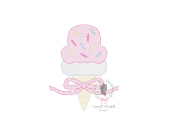 Ice Cream with Bow Sketch Design, Ice Cream Cone Embroidery File, Ice Cream Scoop with Sprinkles Design, Machine Embroidery Design