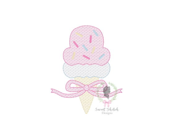 Ice Cream with Bow Sketch Design, Ice Cream Cone Embroidery File, Ice Cream Scoop with Sprinkles Design, Machine Embroidery Design