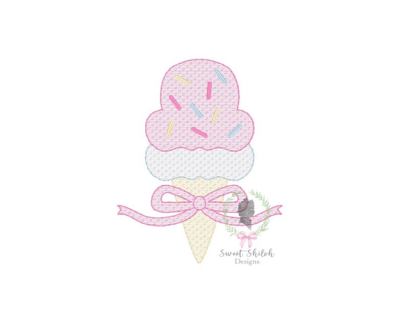 May include: A pink, blue, and yellow ice cream cone with sprinkles, tied with a pink bow. The cone is decorated with a wreath and the text "Sweet Shiloh Designs".