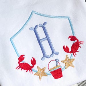 Crab Crest Frame Embroidery Design, Beach Crab Monogram Frame Embroidery File, Vacation Sandbucket Frame Machine File, Starfish Frame