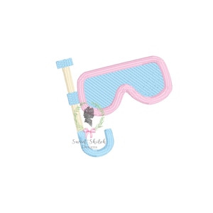 May include: Embroidered design of a snorkel and diving mask in light blue and pink. The mask has a light blue interior and a pink border. The snorkel is light blue and beige. The text "Sweet Shiloh Designs" is in the lower center.