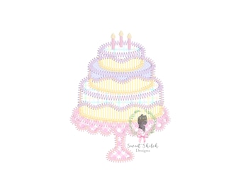 May include: A three-tiered pastel pink, yellow, and purple birthday cake with three pink candles on top. The cake is on a pink and white gingham stand with a pink bow.