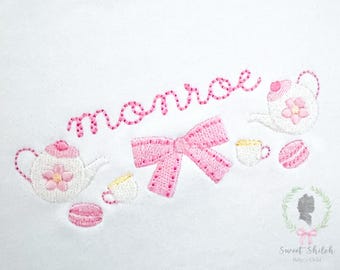 Flower Teapot Monogram Frame Embroidery Design, Tea Party Embroidery Frame, Macaron Cookie Machine Embroidery Design, Afternoon Tea Design