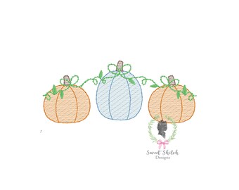 Pumpkin Trio Embroidery Design, Sketch Pumpkin Bow Vine Embroidery File, Thanksgiving Ribbon Pumpkin Machine Design, Pumpkin Patch Sketch
