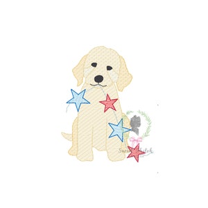 May include: A yellow Labrador Retriever puppy sitting with a string of red and blue stars. The puppy is looking at the stars.