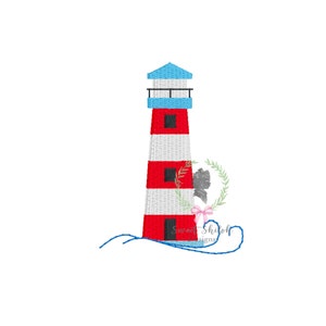 May include: Red and white striped lighthouse with a blue roof and a black window. The lighthouse is standing on a blue wave.