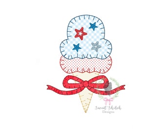 May include: A red, white, and blue ice cream cone with a red bow. The ice cream is decorated with stars.